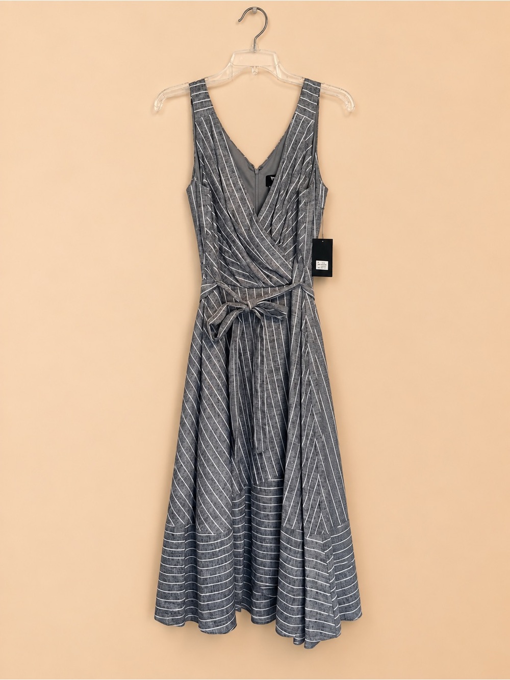 DKNY Blue and Ivory Stripe Sleeveless Linen Blend Wrap Midi Dress Size 10 NWT